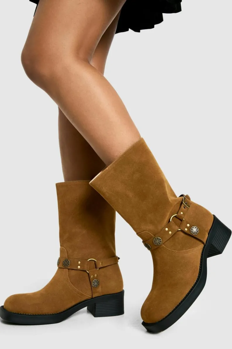 Cowboy Boots*boohoo Wide Fit Faux Suede Western Style Buckle Detail Boots brown