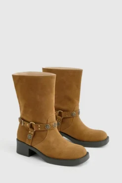 Cowboy Boots*boohoo Wide Fit Faux Suede Western Style Buckle Detail Boots brown