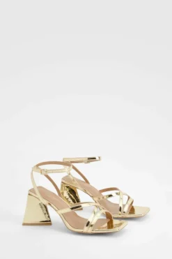 Heels*boohoo Wide Fit Flared Heel Crossover Sandals gold