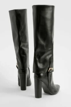 Over The Knee Boots|All Boots*boohoo Wide Fit Fold Over Buckle Detail Pointed Knee High Boots black