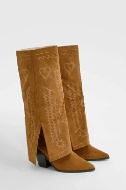 Cowboy Boots*boohoo Wide Fit Foldover Western Knee High Boots taupe