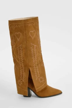 Cowboy Boots*boohoo Wide Fit Foldover Western Knee High Boots taupe