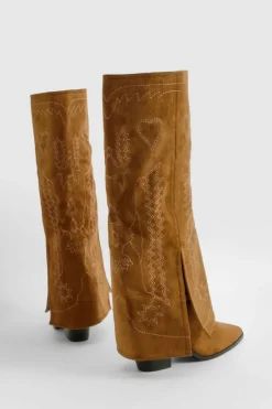 Cowboy Boots*boohoo Wide Fit Foldover Western Knee High Boots taupe