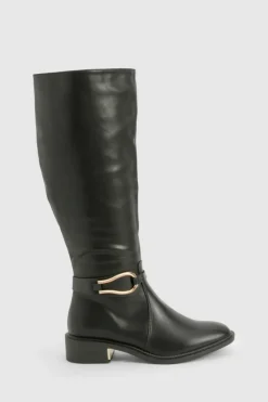 Over The Knee Boots|Knee High Boots*boohoo Wide Fit Hardware Detail Knee High Boots black