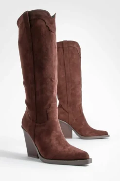Chunky Boots|Cowboy Boots*boohoo Wide Fit Knee High Chunky Rand Western Cowboy Boots chocolate
