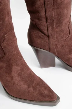 Chunky Boots|Cowboy Boots*boohoo Wide Fit Knee High Chunky Rand Western Cowboy Boots chocolate