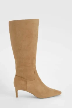 Over The Knee Boots|Heeled Boots*boohoo Wide Fit Knee High Low Heeled Boots camel