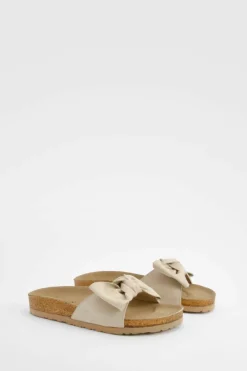 Sandals*boohoo Wide Fit Knot Front Footbed Sliders cream