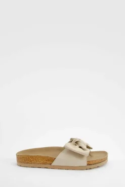 Sandals*boohoo Wide Fit Knot Front Footbed Sliders cream