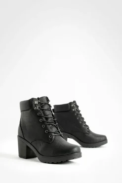 Heels|Biker Boots*boohoo Wide Fit Lace Up Heeled Hiker Boots black