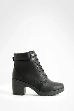 Heels|Biker Boots*boohoo Wide Fit Lace Up Heeled Hiker Boots black
