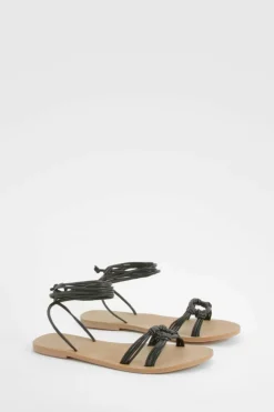 Sandals*boohoo Wide Fit Leather Ring Wrap Up Sandals black