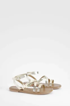 Sandals*boohoo Wide Fit Leather Studded 2 Part Sandals gold