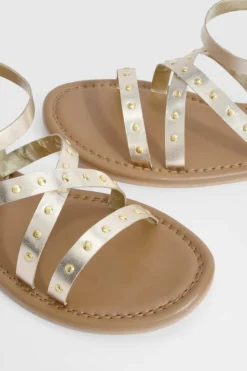 Sandals*boohoo Wide Fit Leather Studded 2 Part Sandals gold