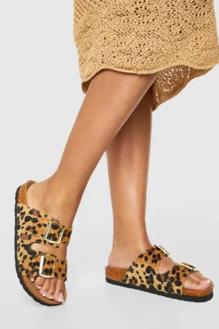 Sandals*boohoo Wide Fit Double Buckle Footbed Slider leopard
