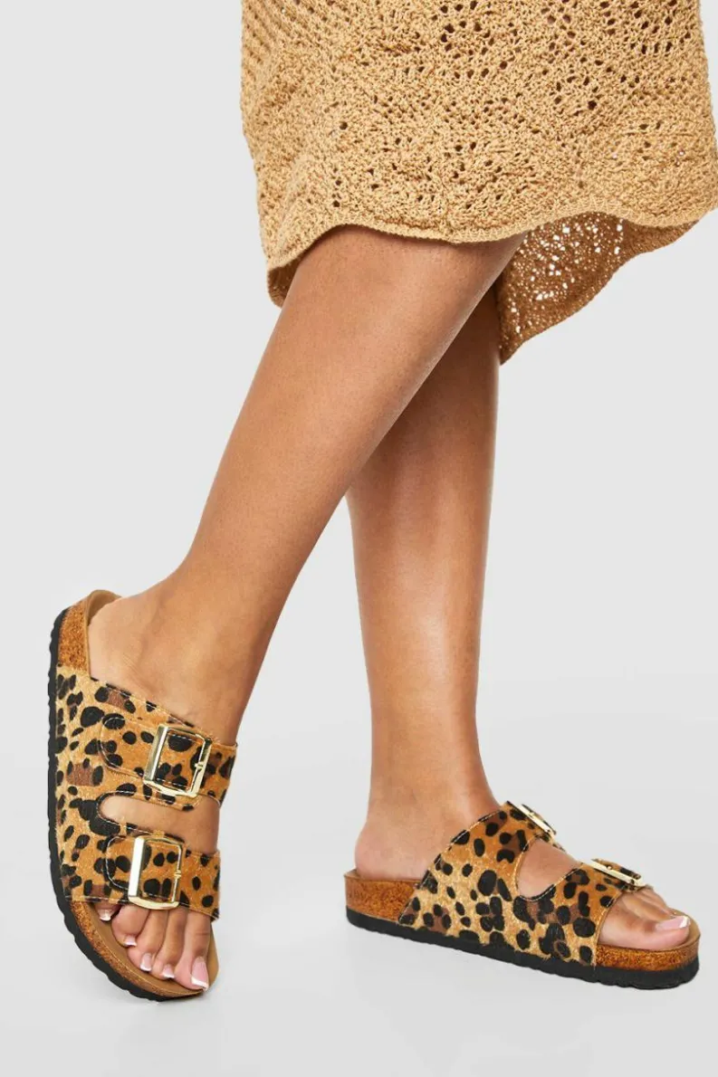 Sandals*boohoo Wide Fit Double Buckle Footbed Slider leopard
