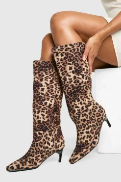Over The Knee Boots|All Boots*boohoo Wide Fit Leopard Print Low Square Toe Knee High Boots black