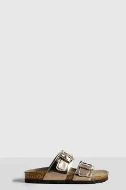 Sandals*boohoo Wide Fit Metallic Buckle Strap Footbed Sliders rose gold