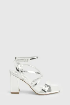 Heels*boohoo Wide Fit Metallic Cross Over Detail Block Heel silver