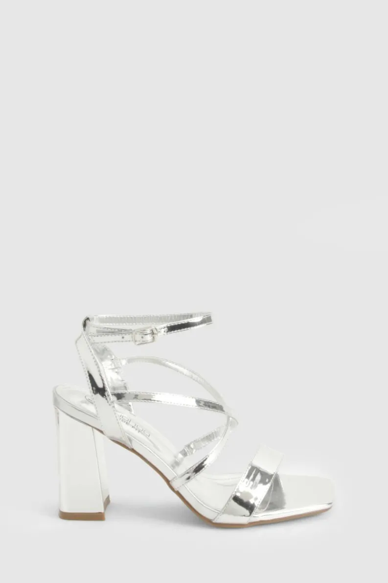 Heels*boohoo Wide Fit Metallic Cross Over Detail Block Heel silver
