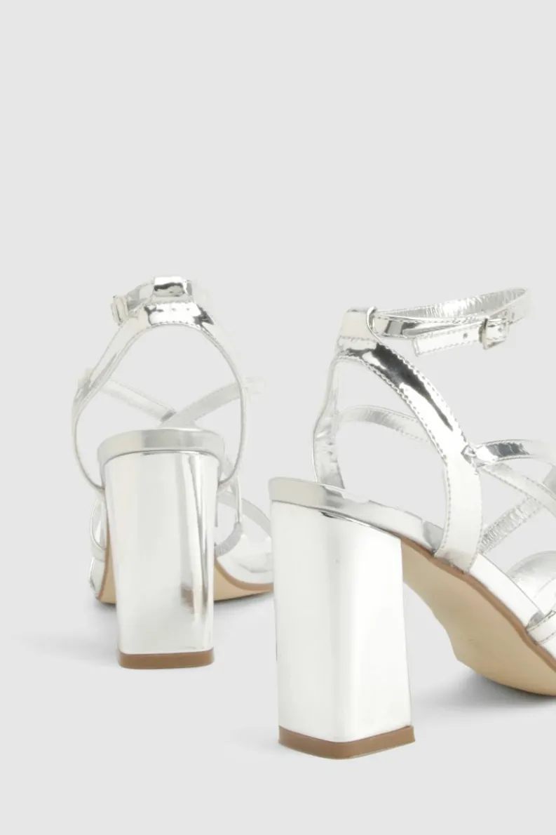 Heels*boohoo Wide Fit Metallic Cross Over Detail Block Heel silver