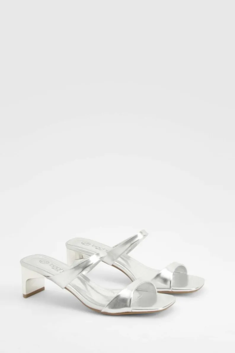 Heels*boohoo Wide Fit Metallic Double Strap Low Heeled Mules silver