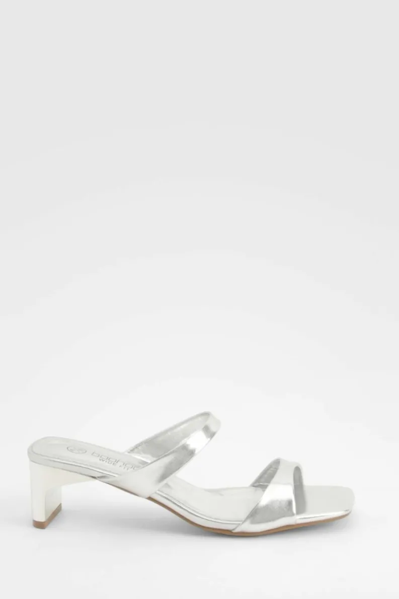 Heels*boohoo Wide Fit Metallic Double Strap Low Heeled Mules silver