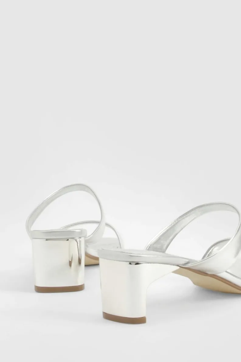 Heels*boohoo Wide Fit Metallic Double Strap Low Heeled Mules silver