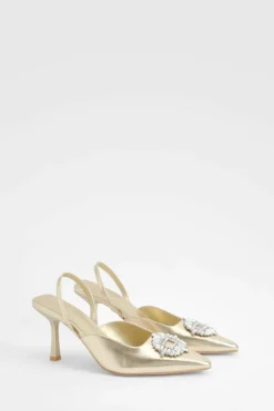 Heels*boohoo Wide Fit Metallic Embellished Slingback Court Heels gold