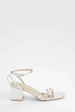 Heels*boohoo Wide Fit Metallic Low Block Cross Strap Heels silver