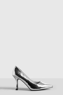 Heels*boohoo Wide Fit Metallic Low Stiletto Court Shoe silver