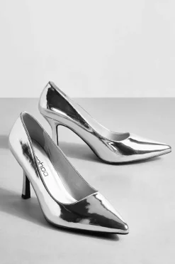 Heels*boohoo Wide Fit Metallic Low Stiletto Court Shoe silver