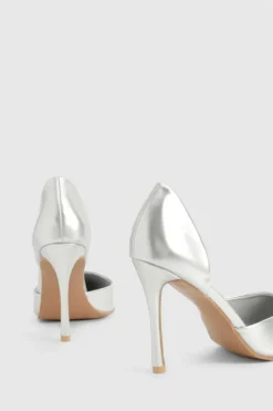 Heels*boohoo Wide Fit Metallic Patent Cut Out Court Shoe silver
