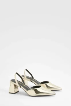 Heels*boohoo Wide Fit Metallic Patent Block Heel Court Shoes gold