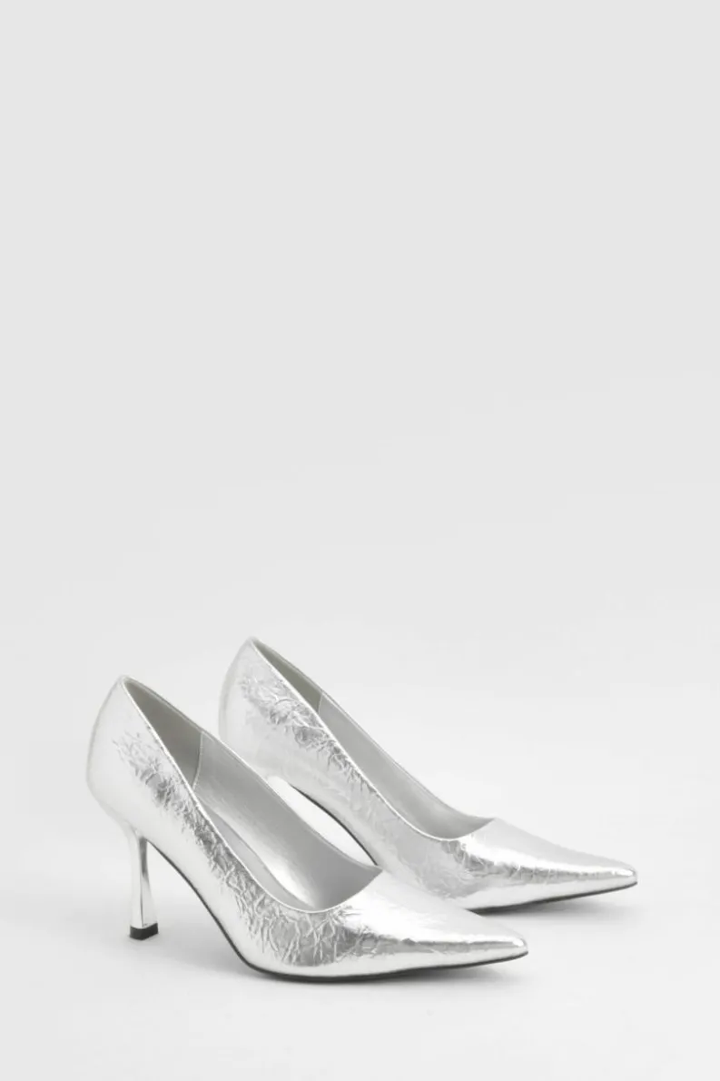 Heels*boohoo Wide Fit Metallic Textured Court Shoes silver