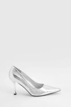 Heels*boohoo Wide Fit Metallic Textured Court Shoes silver