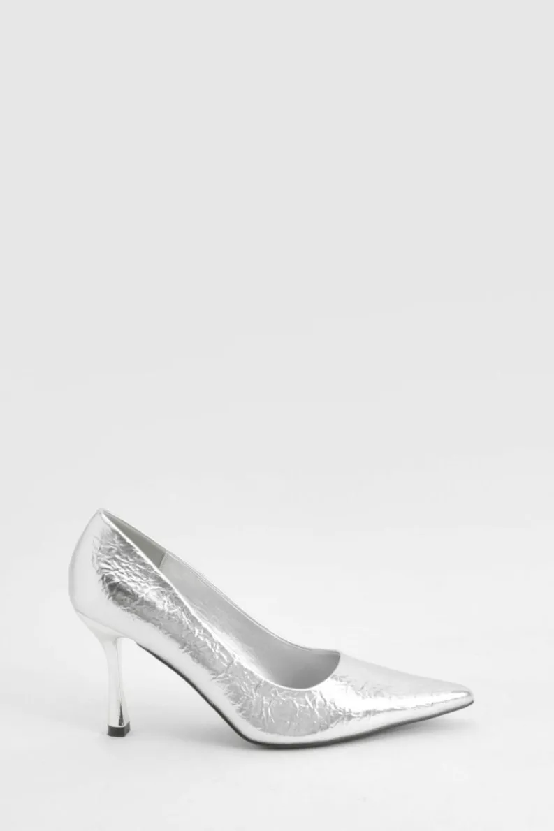 Heels*boohoo Wide Fit Metallic Textured Court Shoes silver