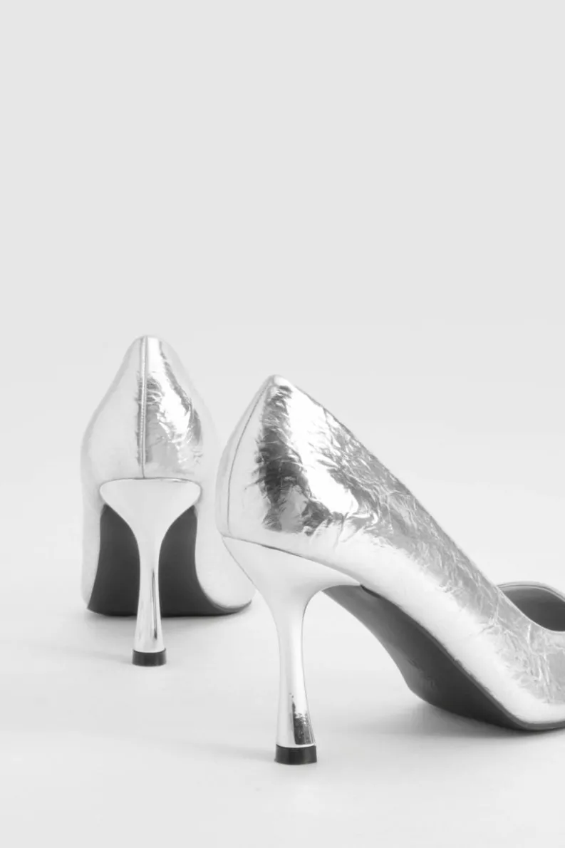 Heels*boohoo Wide Fit Metallic Textured Court Shoes silver