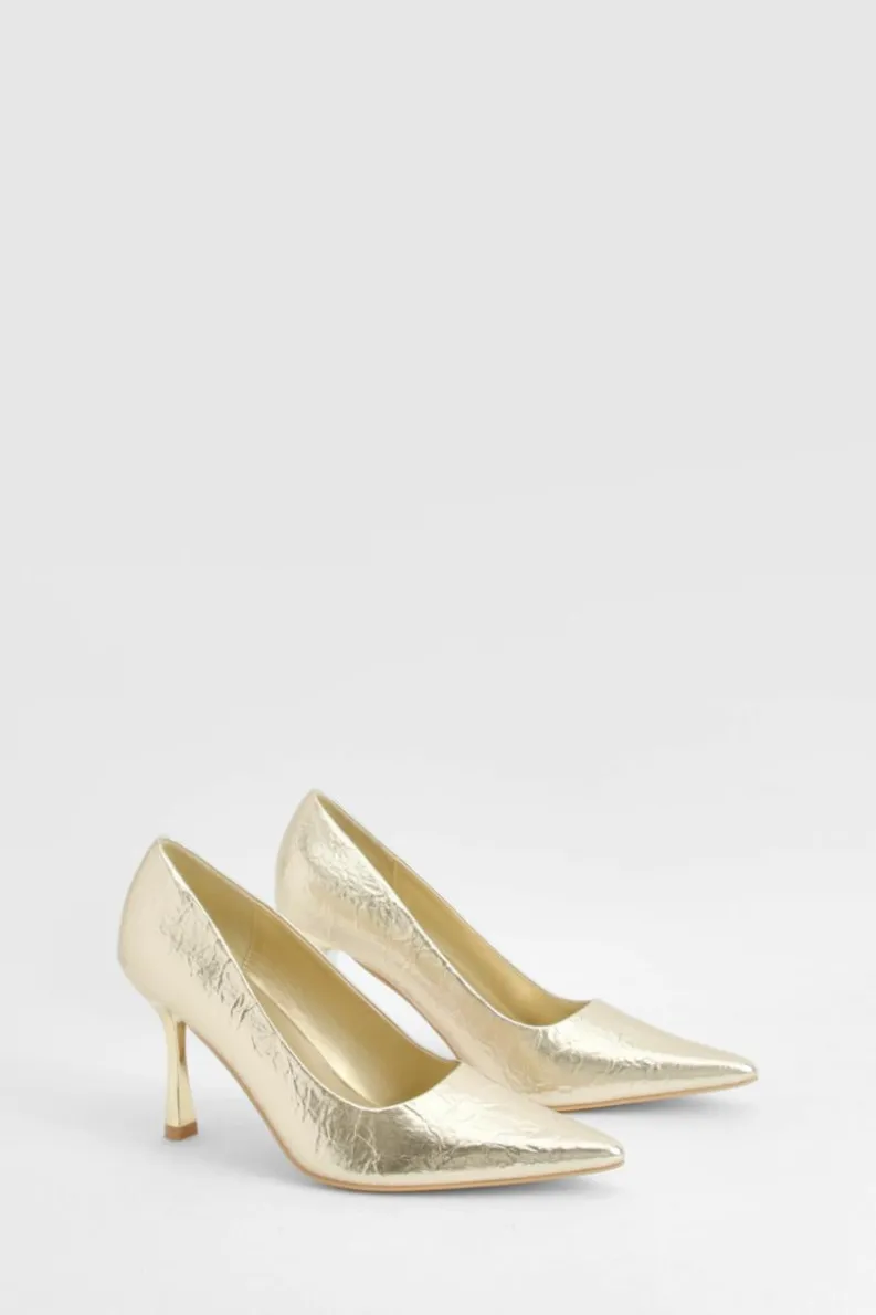 Heels*boohoo Wide Fit Metallic Textured Court Shoes gold
