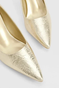 Heels*boohoo Wide Fit Metallic Textured Court Shoes gold