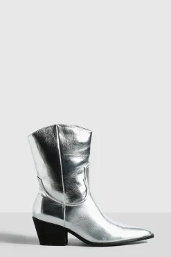 Cowboy Boots|Ankle Boots*boohoo Wide Fit Metallic Western Ankle Cowboy Boots silver