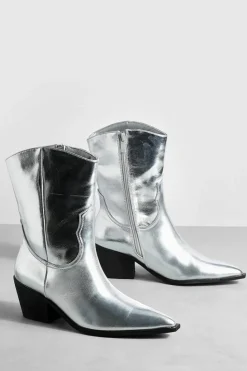 Cowboy Boots|Ankle Boots*boohoo Wide Fit Metallic Western Ankle Cowboy Boots silver