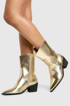 Cowboy Boots|All Boots*boohoo Wide Fit Metallic Western Ankle Cowboy Boots gold