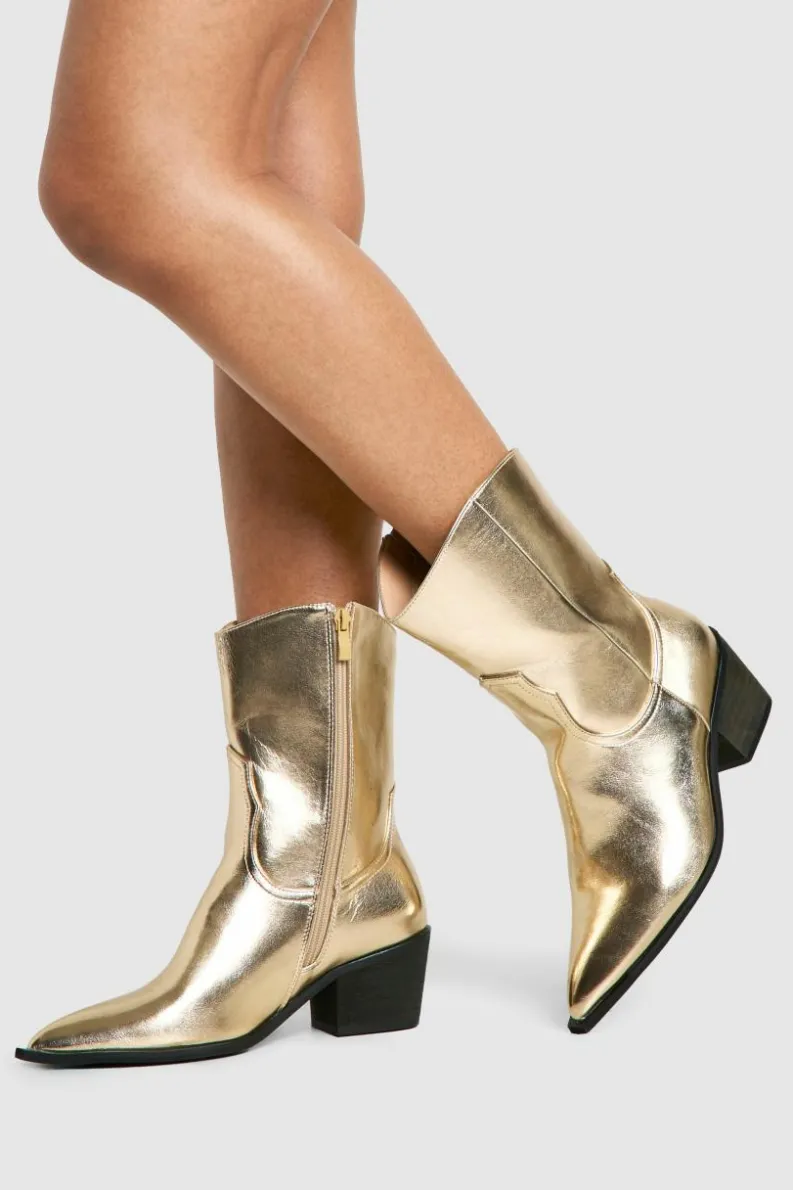 Cowboy Boots|All Boots*boohoo Wide Fit Metallic Western Ankle Cowboy Boots gold