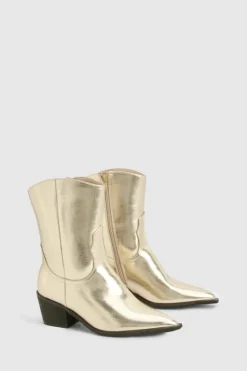 Cowboy Boots|All Boots*boohoo Wide Fit Metallic Western Ankle Cowboy Boots gold