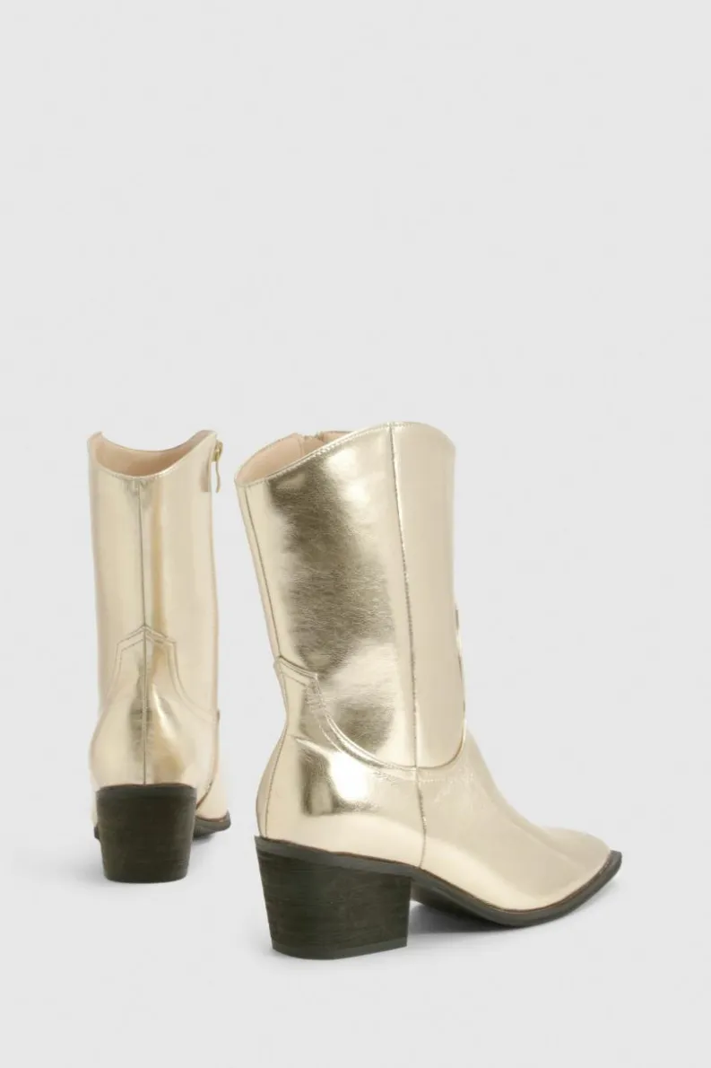 Cowboy Boots|All Boots*boohoo Wide Fit Metallic Western Ankle Cowboy Boots gold