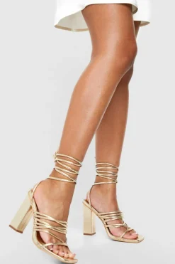 Heels*boohoo Wide Fit Multi Strap Block Heel Tie Up Sandals gold
