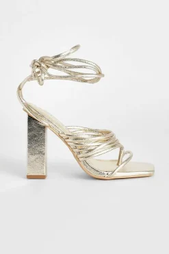 Heels*boohoo Wide Fit Multi Strap Block Heel Tie Up Sandals gold