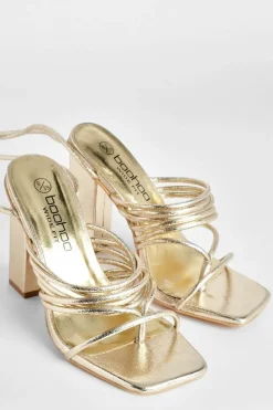 Heels*boohoo Wide Fit Multi Strap Block Heel Tie Up Sandals gold