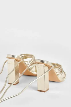 Heels*boohoo Wide Fit Multi Strap Block Heel Tie Up Sandals gold